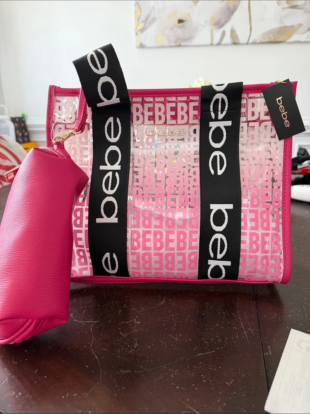 bebe Pink Clear Logo Tote with Removable Pink Pouch